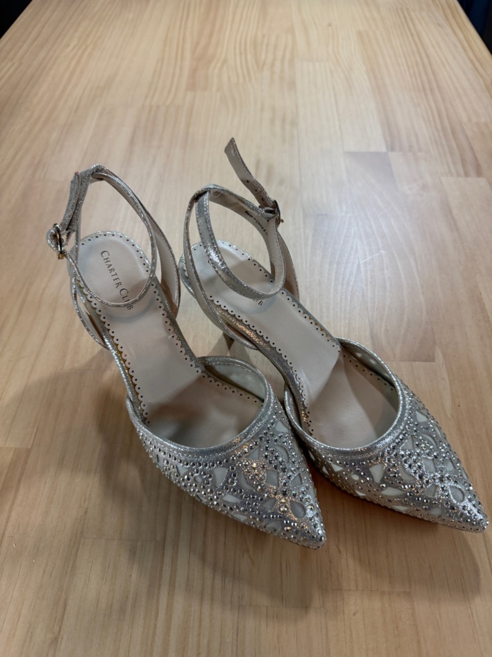 Charter Club Silver Beaded Pointed-Toe Ankle-Strap Heels B10